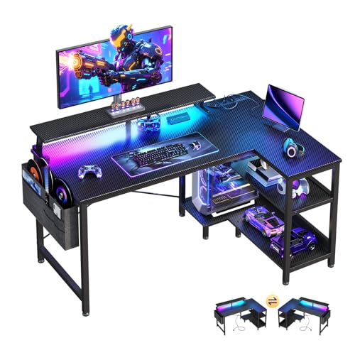 Image of ODK 40 Inch Gaming Desk with USB Power Outlets and LED Lights, Reversible L Shaped Computer Desk with Storage Shelves & Monitor Stand, Corner Home Office Desk Table, Carbon Fiber Surface, Black