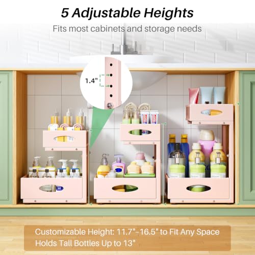 Image of Under Sink Organizer, 2-Pack Pull Out Cabinet Organizer 2 Tier Metal Slide Out Storage Shelf Rack, L-Shaped Adjustable Height,Mesh Sliding Drawer for Kitchen, Bathroom, Laundry, Pantry, Pink, XL