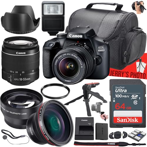 Canon EOS 4000D/Rebel T100 DSLR Camera with Canon EF-S 18-55mm f/3.5-5.6 III Lens + 64 GB Memory + Slave Flash + Wide Angle & Telephoto Lens + Camera Case + More (19pc Bundle) (Renewed)