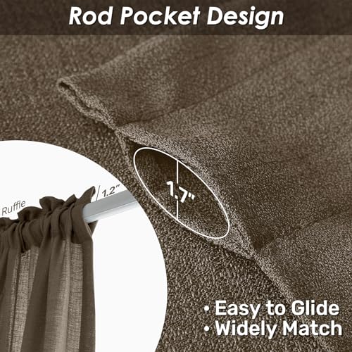 Image of Melodieux Brown Semi Sheer Curtains 84 Inches Long for Living Room Bedroom, Farmhouse Linen Look Shiny Sheer Curtain Drapes Rod Pocket Light Filtering Home Office, 52 inch W x 84 inch L, 2 Panels