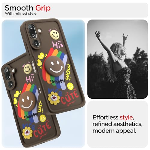 Image of Pikkme Back Cover for Samsung Galaxy M36 5G | Soft Silicone| Cute Rainbow Smile & 3D Cartoon Flower Design | Shockproof Raised Camera Protection Bumper Case (Brown)