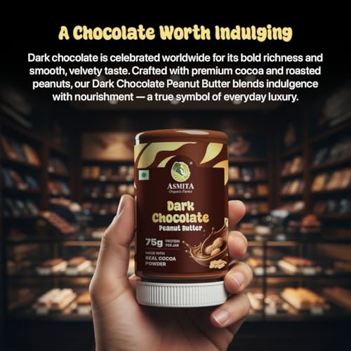 Image of Asmita Organic Farms Dark Chocolate Peanut Butter 325g | Smooth & Creamy Peanut Butter | High Protein Spread | No Refined Sugar | Cholesterol & Trans Fat Free | Healthy Spread for Breakfast & Snacks