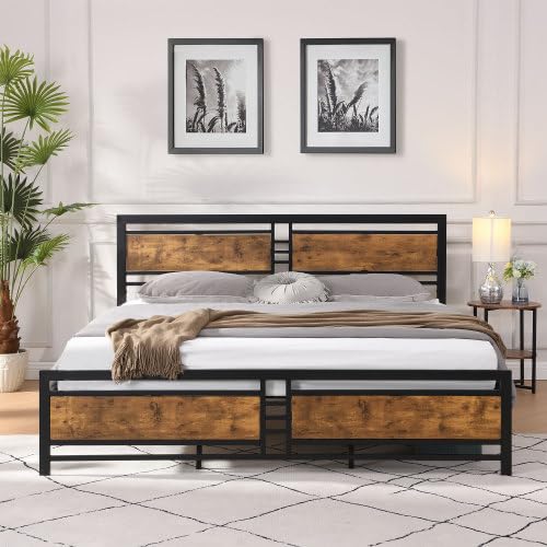Anwick King Size Metal Platform Bed Frame with Wood Headboard and Footboard Heavy Duty Mattress Foundation with Slat