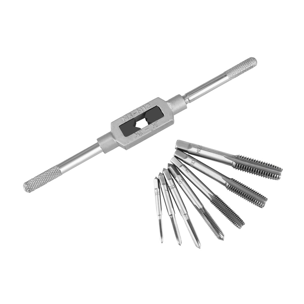 Gewindebohrer Set 8-teilig, M3-M12 Metrisch, mit Verstellbarem Windeisen, 7 Gewindeschneider (M3, M4, M5, M6, M8, M10, M12) und 1 Schneideisenhalter M3-12, 200mm Länge