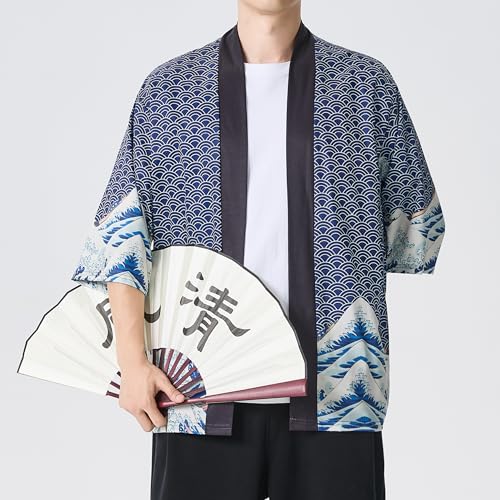 Image of Men's Japanese Kimono Robe Jacket Lightweight 3 /4 Sleeve Open Front Yukata | Silky Smooth Fashion Print Happi Coat Lightweight Breathable Loose Unisex Haori Casual Summer Cardigan Daily Beach Vacation