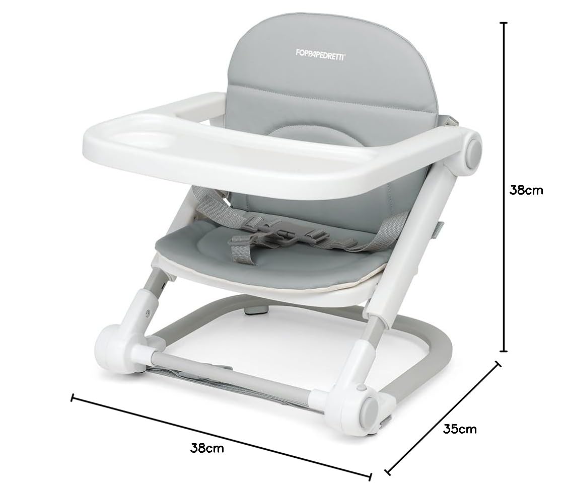 Foppapedretti Asiento elevador elevador para niños de 6 meses a 3 años (hasta 15 kg), bandeja extraíble, plegable y transportable, bolsa incluida, relleno extraíble y lavable, 3 alturas, gris