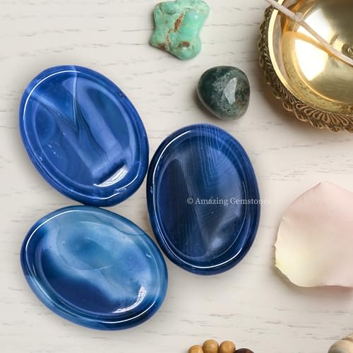 Image of Amazing Gemstone Alma Blue Agate Worry Stone, Healing Crystals - Piedra Crystal Fidget for Gift, Meditation, Calming, Relaxation, Stress Relief