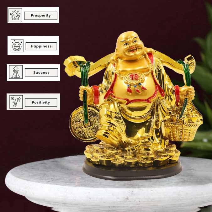 Image of Spillbox Resin Golden Happy man Statue|Laughing Buddha|Feng Shui|Show Piece|Gift Item |Vastu|Decorative Showpiece for Home Decor|Office Desk Table (Happy Man Gold Ingot)