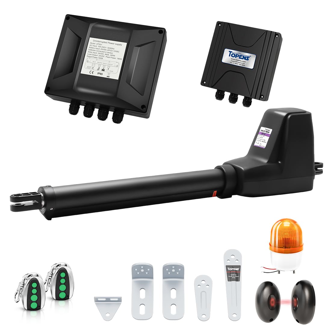 TOPENS AT12131 Single Swing Gate Opener Heavy Duty Automatic Gate Motor for Single Swing Gates Up to 5.5m, Electric Driveway Gate Operator AC Powered with Remote Control, Beacon, and Photo Sensor