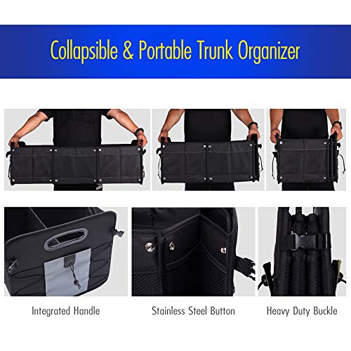 GEEDAR Large Trunk Organizer Car Organizers and Storage for SUV 3 Compartments Collapsible Portable Non-Slip Bottom Tie Down Straps (Gray)