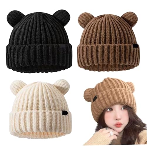 Gorro de punto de oso contra el frío para mujeres y hombres con puños
