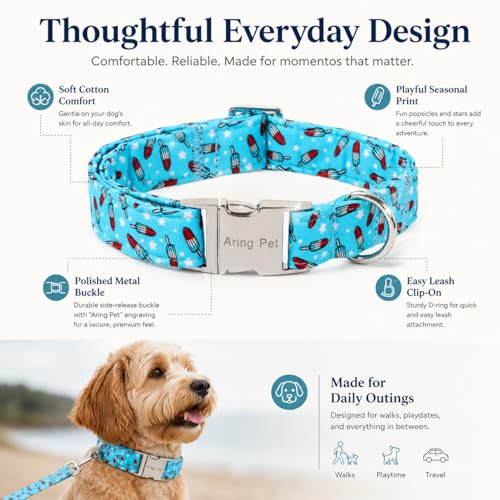 Image of ARING PET Summer Dog Collar for Small Medium Large Boy Dogs-Blue Ice Pop M | Cute Male Heavy Duty Pet Collars with Metal Buckle for XS S M L XL Dogs, for Beach Trips Lake Camping Seaside Outdoor Walk