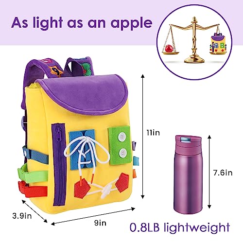 Image of Busy Board - Toddler Backpack with Buckles and Learning Activity Toys - Develop Fine Motor Skills and Basic Life Skills - Learn to Tie Shoes - Children's Travel Toy (Yellow)