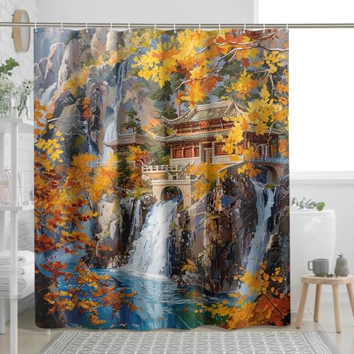 Asian Temple Waterfall Shower Curtain, Autumn Leaves Scenic Nature Bathroom Decor, Fall Modern Traditional Waterproof Fabric Shower Curtain Set with Hooks 72x78 Inch