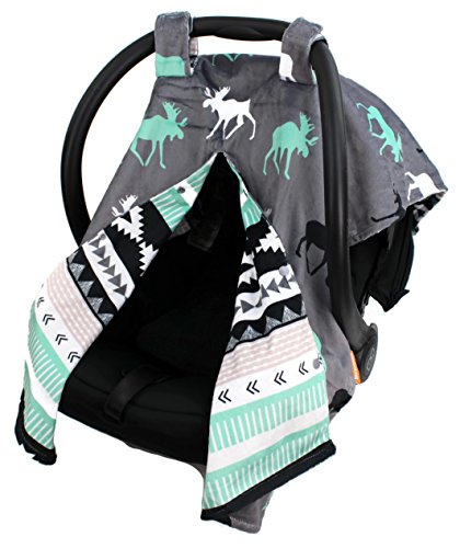 Image of Dear Baby Gear Car Seat Cover for Boys & Girls - Baby Carseat Canopy w/Snap Opening - Infant Seat Cover - Stroller & Nursing Covers - Newborn Carrier Canopy - 40x30 (Mint Moose, Black Grey Aztec)