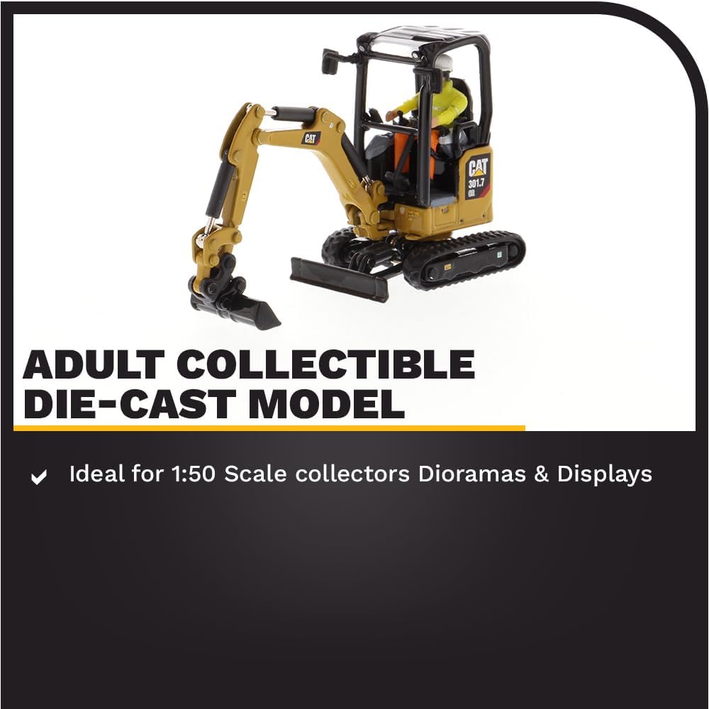 Diecast Masters CAT Caterpillar 301.7 CR Next Generation Mini Hydraulic Excavator with Work Tools and Operator High Line Series 1/50 Model 85597
