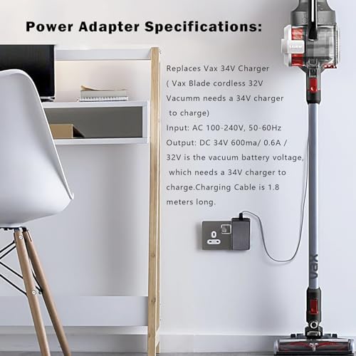 Replacement Battery Charger for 32V Vax Blade Cordless Pro Stick Vacuum Cleaner TBT3V1B1, TBT3V1P1, TBT3V1P2, TBT3V1T1 34V 600mA AC Adapter for VAX Blade 2 VBB2ASV1 Vac Hoover 28.8V Power Cable