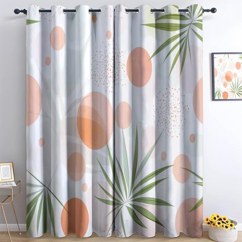 Cortinas Opacas Salon Modernas 140An x 260Al cm (2 Paneles) Simple Lunares Hojas De Palma Cortinas Térmicas Aislantes Frío Calor y para Dormitorio, Salón y Cocina con Ojales Melocotón Naranja Verde