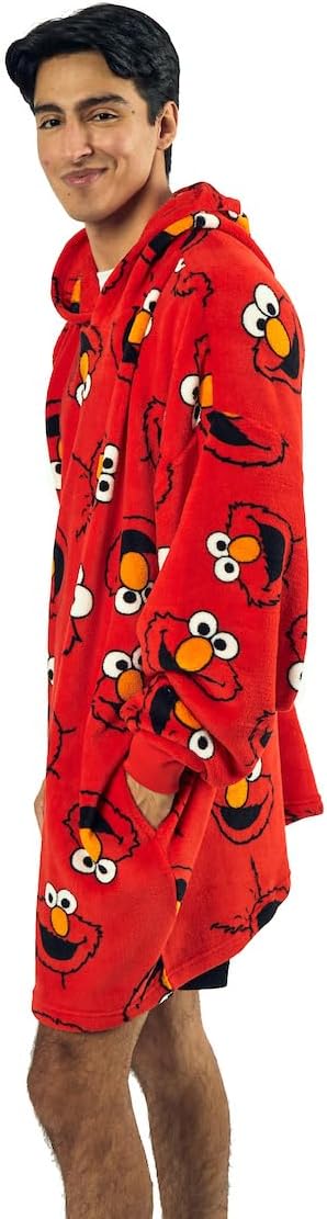 Sesame Street Elmo Character Heads All-Over Print Red Long Oversized Hoodie Wearable Blanket-OSFA