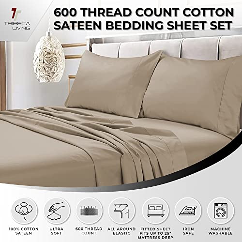 Image of Tribeca Living 600 Thread Count Egyptian Cotton 6-Piece Extra Deep Pocket Sheet Set, Clay, Cal King | 600 Thread Count, 100% Egyptian Cotton, Soft Sateen Weave, Deep Pocket, 6-Piece Set, Machine Washable