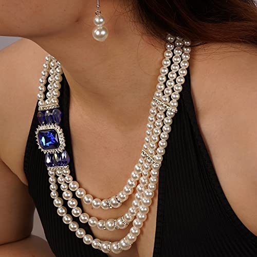 Aimimier 1920s 3-strand White Faux Pearl Necklace and Earrings Set Royal Blue Crystal and Rhinestone Chunky Collar Bib Pearl Statement Necklace2