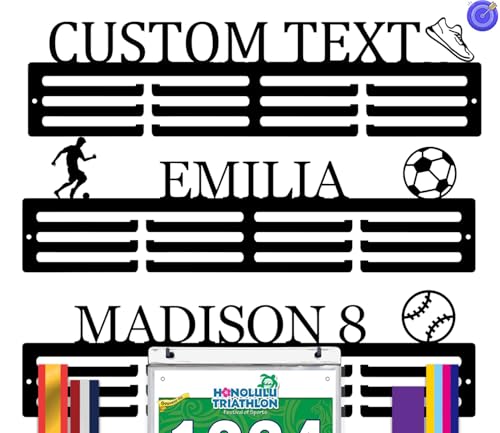 Image of Personalized Medal Holder with Name Display Rack for Awards Ribbons - Metal Custom Sports Race Plaques Hanger for Wall Mount Hold Up 63 Medal Hanger Display for Athlete Boy Girl Kid