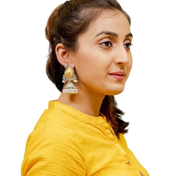 Shining Jewel Traditional Indian Matte Two Tone Gold Antique Oxidised Silver CZ, Crystal Studded Paisley Jhumka Earring For Women - Black (SJE_214_BK) - Image 3