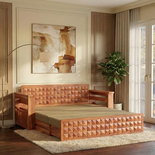 Image of Krishna Wood Decor Sheesham Wood 3 Seater Sofa Cum Bed with Mattress | Wooden Convertible Sofa Cum Bed with Side Pockets | Modern Sofa Bed with Storage Drawer for Living Room & Bedroom, Honey Finish