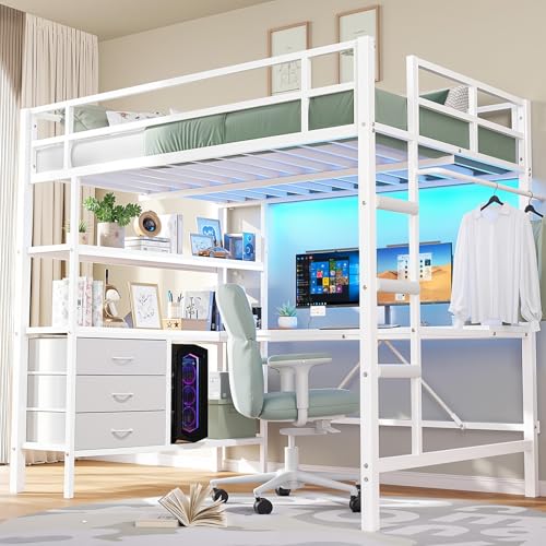 Catálogo de Literas Matrimoniales de Madera los mejores 5. 46 Litera Matrimonial con Escritorio en L y Carga USB, Cama Alta con Luces LED RGB, 3 Estantes y 3 Cajones de Tela, Litera de Metal Reforzada con Almacenamiento, Matrimoniales para...