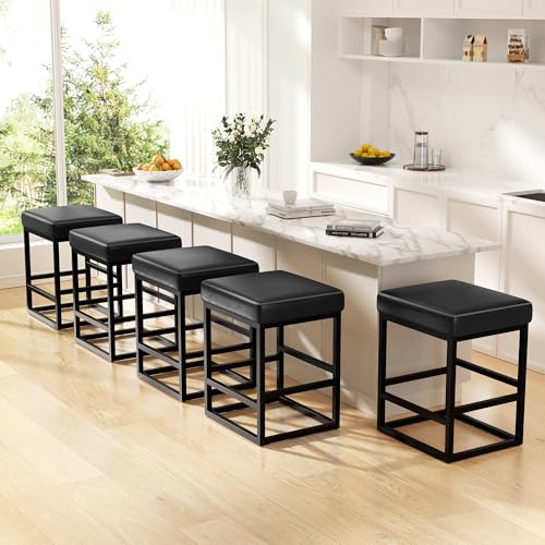 Image of Bar Stools Set of 5, 24in Counter Height Barstools, Faux Leather Counter Stools with Thick Square Seats & Sturdy Metal Base, Modern Bar Chairs for Kitchen Island (Black)