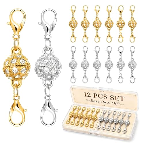 Magnetic Necklace Clasps and Closures, 12PCS Gold & Silver Magnetic Lobster Clasp Extenders for...