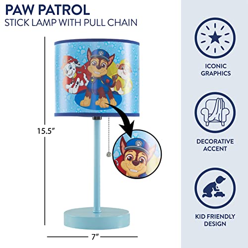 Image of Nickelodeon Paw Patrol Kids Table Lamp with Pull Chain, Stick Lamp Featuring Chase, Rubble & Marshall, Decorative Printed Shade for Bedroom, Playroom or Nursery Lighting