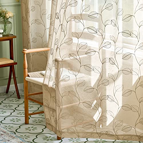 Lazzzy Taupe Sheer Curtains Leaf Embroidered 84 Inch Long for Living Room Bedroom Rod Pocket Voile Window Drapes 2 Panels