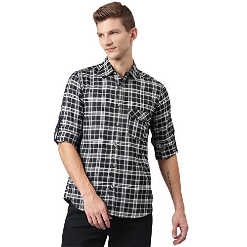 Image of Thomas Scott Men's Polyester Checkered Slim Fit Casual Shirt with Spread Collar and Long Sleeve (TS1045 Wood)