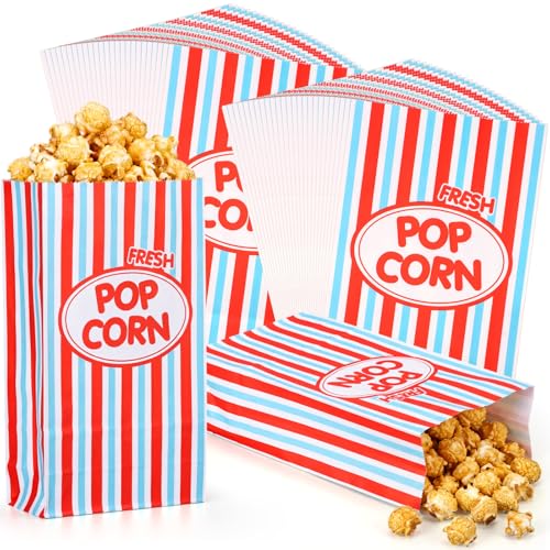 Image of Potchen 200 Pcs Paper Popcorn Bags Bulk 2 oz Large Individual Serving Popcorn Bag Flat Bottom Disposable Container Vintage for Movie Night Themed Summer Back to School Party Carnival (Red Blue)