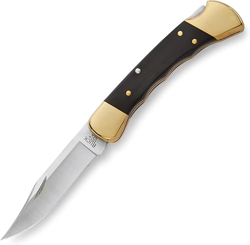 Buck Knives 110 Folding Hunter - Cuchillo plegable con ranuras para los dedos y funda de cuero