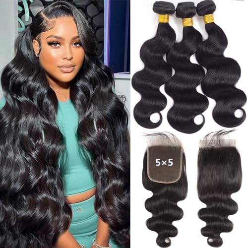 Image of 16A Body Wave 3 Bundles with 5x5 HD Lace Closure (16 18 20+14 inch) 100% Unprocessed Brazilian Virgin Body Wave Human Hair Weave Bundles with Closure Natural Color