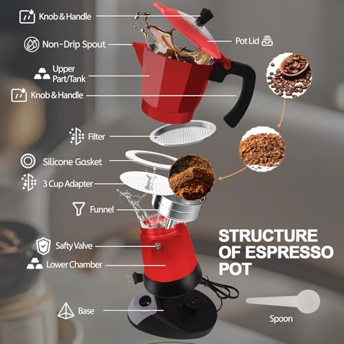 Image of Aluminum Electric Moka Pot 3-6 Cup 270ml Express Coffee Maker Stovetop
