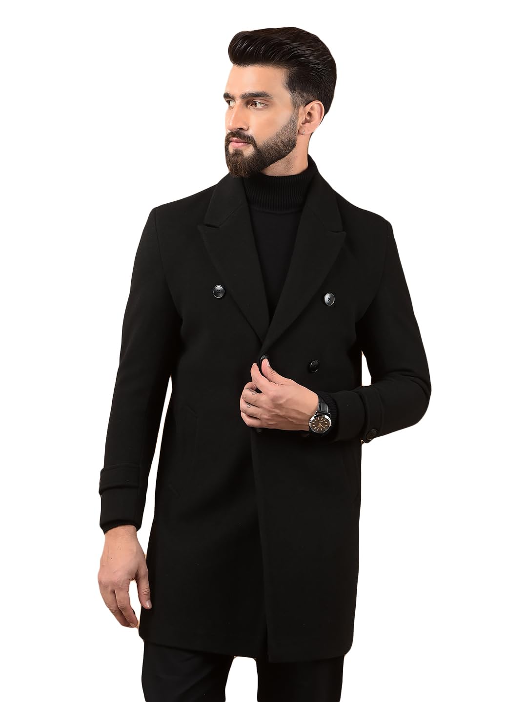 crimsoune club Men's Black Notched Lapel Mid-Thigh Length Double Breasted Coat-picture-35