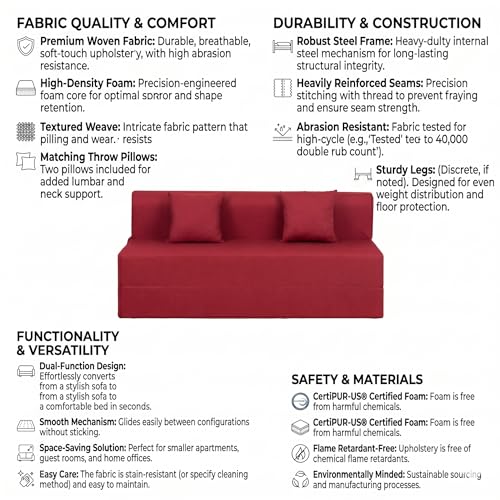 Image of Foldable Three Seater Sofa Bed 5 X 6 Ft Jute Fabric Washable Cover Sofa Cum Bed with Cushions Convertible Sofa Bed for Home (Red Color - Pre-Assembled)