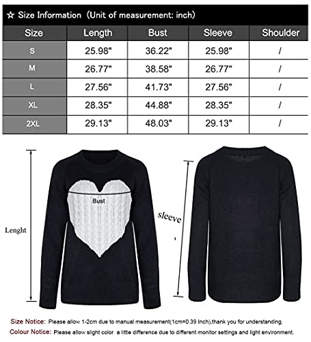 shermie Women's Pullover Sweaters Long Sleeve Crewneck Cute Heart Knitted Sweaters Black Medium