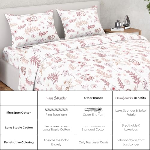 Image of Haus & kinder King Size Bed Sheet Cotton | Woven 100% Cotton Ring- Spun 210 TC Bedsheets for King Size Bed |108 X 108 Inches Bedsheet with 2 Pillow Covers - Whispering Meadows