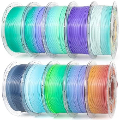 Image of IEMAI Translucent PETG Filament 1.75mm 10kg Bundle, Dual Color Gradient 3D Printer Filament Up to 600mm /s Printing, 1kg Spool 10 Rolls for Lampshades Artwork & Home Decor