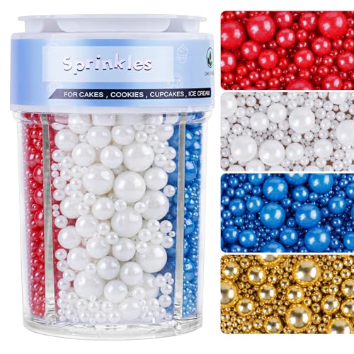 Image of 4th of July Red White and Blue Sprinkles for Cake Decorating, Patriotic Pearl Sprinkles 7.8oz 4 Colors Mix for Cake Cupcake Cookie Baking Donuts Ice Cream Toppings