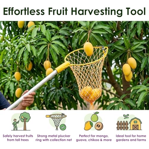 Image of Garden Genie Mango Fruit Plucker with Net | Metal Frame Nylon Net Fruit Picker Basket Tool | Lightweight Garden Tool for Safe Picking