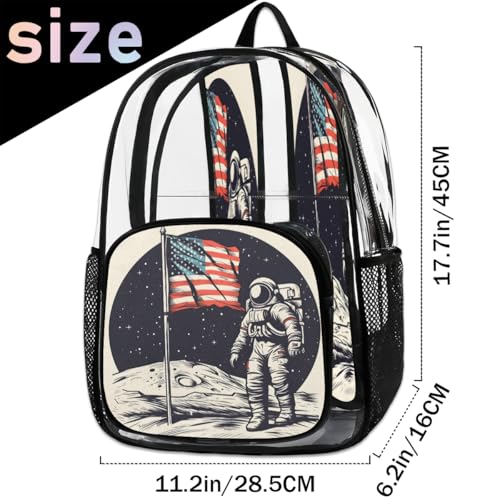 American Flag Clear Backpack for Stadium Events, Planets Astronaut Waterproof Clear Bag for Women Men Adult Sport Work Daily Music Festival and Concerts2