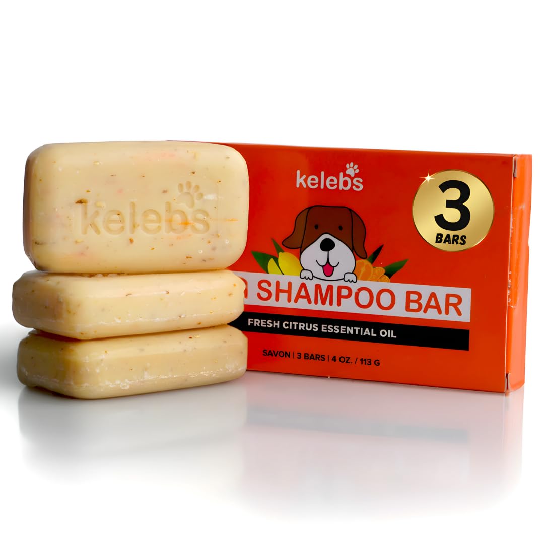 KELEBS Champu Perro Sólido | Elimina Olores | Desodorante Natural | Jabón Bio Refrescante Antiolor | Perros Malolientes | Alergias | Aceites Esenciales de Cítricos y Avena Biodegradable 3 Piezas
