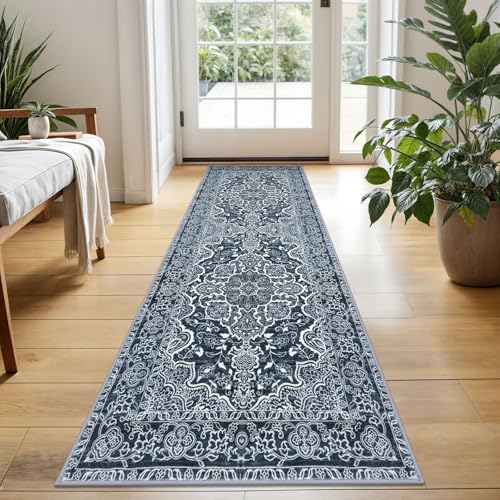 KUTA Vintage Washable Runner Rug, 2x5 Runners Non-Slip Navy Blue 5ft Hallway Kitchen Rugs Ultra Soft Printed Distressed Tribal Farmhouse Carpet for Bedroom Entryway Decor