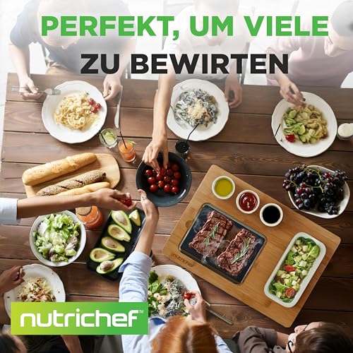 NutriChef Heißer Stein Grillplatte – Tischgrill-Set mit Bambus und Keramik Ideal für Steak und Dinner - Natürliches Granit-Kochset - Servierplatte mit Saucenschälchen