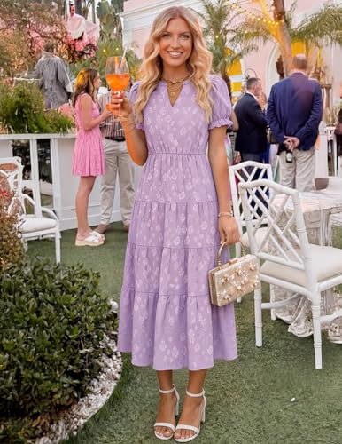 Image of ZESICA Womens Summer Floral Flowy Midi Dress 2026 Puff Short Sleeve V Neck Ruffle Tiered Beach Vacation Party Dresses